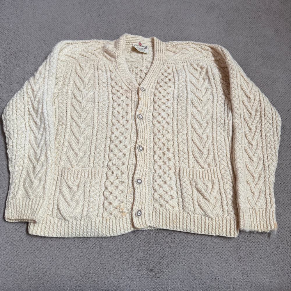 Vintage 1990s Gaeltarra Handknit Aran Fisherman Cardigan Sweater Cream Wool 40
